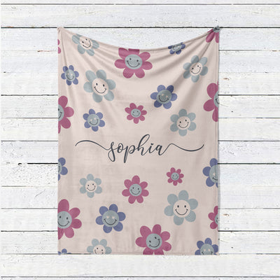 Personalized DAISY smile face Pattern in vintage rustic style blanket with Name, Custom blanket gift, Birthday Personalized Gift