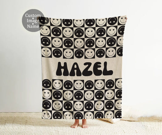 Personalized Checkerboard Blanket, Vintage Rustic Style, Custom Name Gift