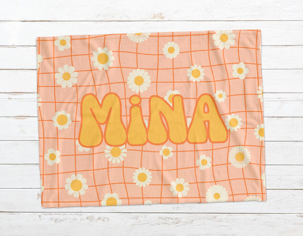 Retro Flower Design Personalized Baby Blanket, Minky or Sherpa