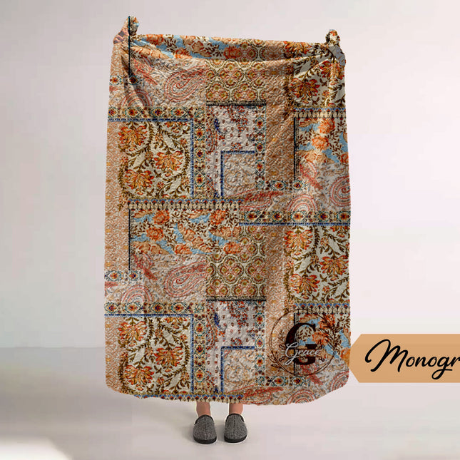 Monogram Quilted Plush Blanket: Vintage Watercolor Animal Pattern (60” x 80”)