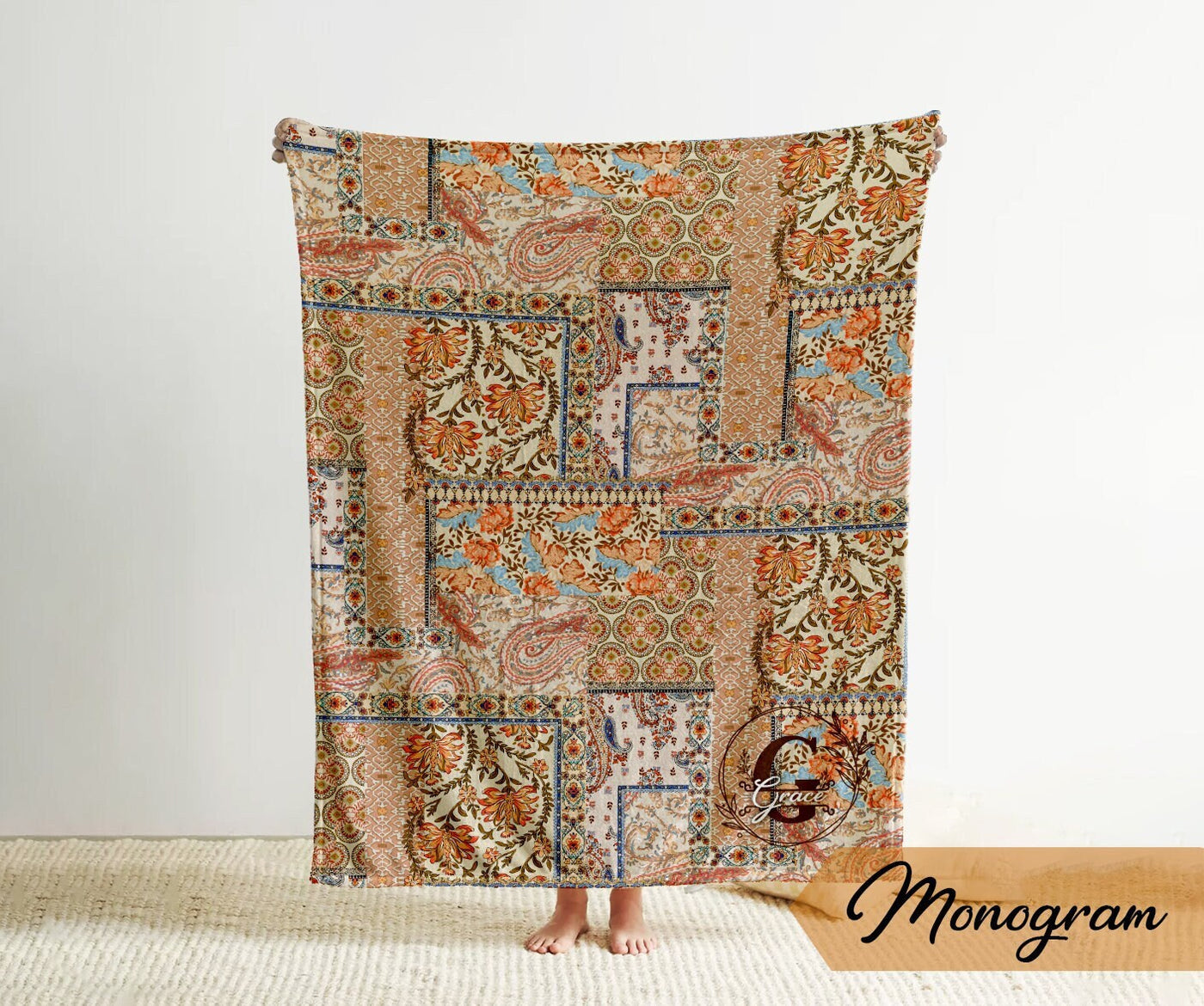 Personalized Watercolor floral in vintage rustic style blanket with Name, Custom blanket gift, Birthday Anniversary Gift