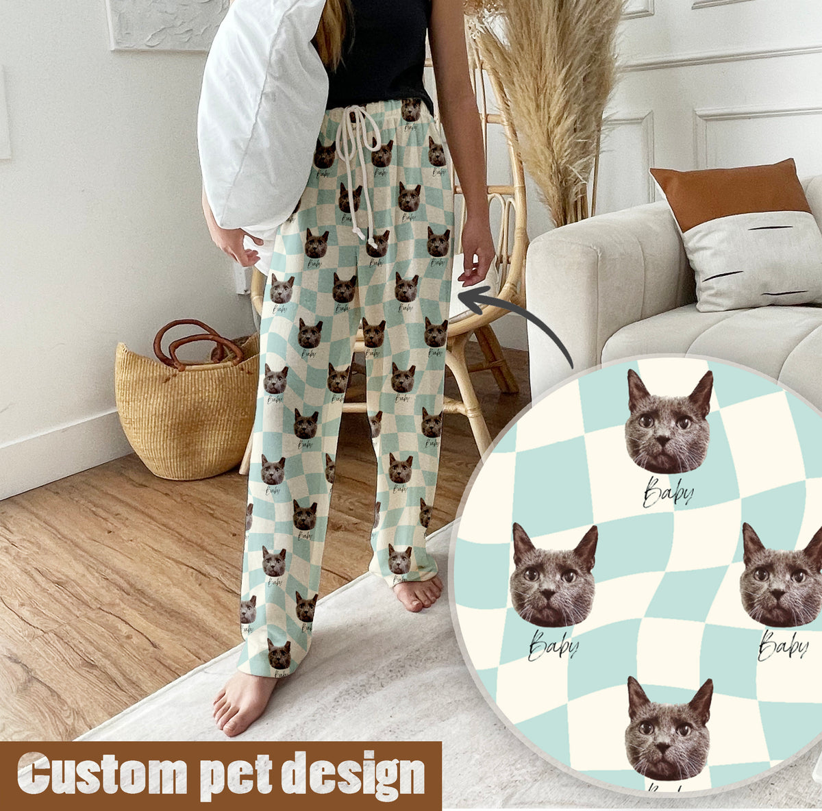 Personalized Pet Photo Checker Pajama , Custom Dog & Cat Portrait PJs, Family Matching LoungewearLoungewear