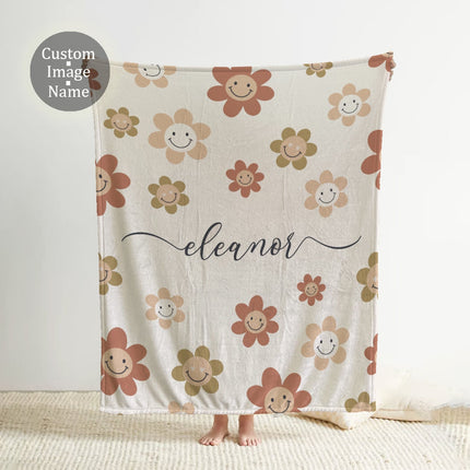 Personalized Daisy Smile Face Blanket: Vintage Floral Minky or Sherpa