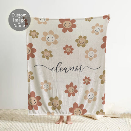 Personalized Daisy Smile Face Blanket: Vintage Floral Minky or Sherpa