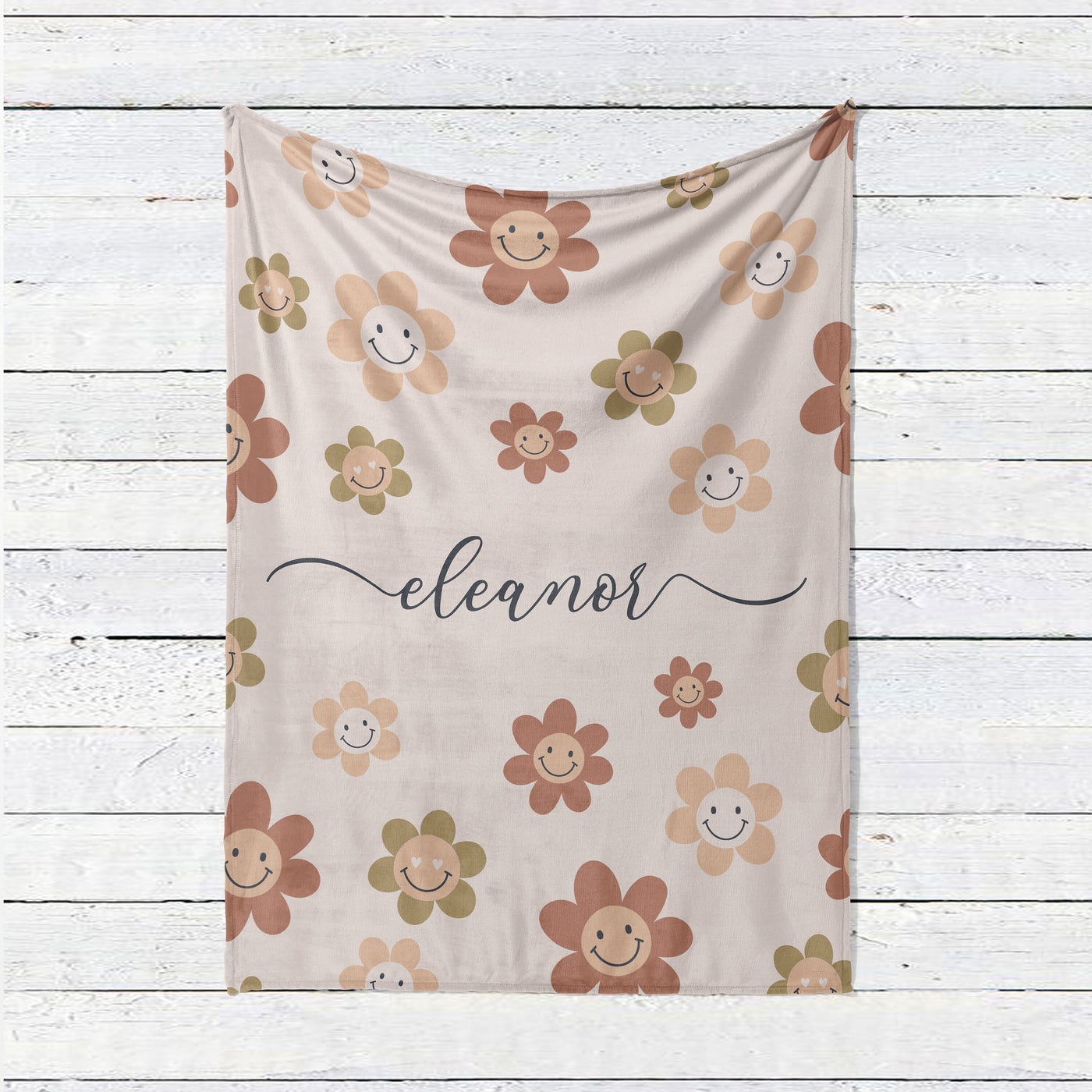 Personalized DAISY smile face Pattern in vintage rustic style blanket with Name, Custom blanket gift, Birthday Personalized Gift