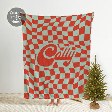 Personalized Checker Blanket: Rustic Red and Green Plush Fleece