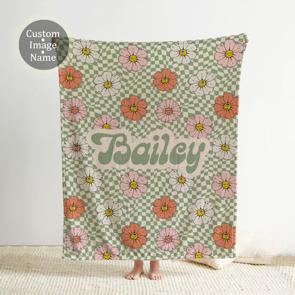 Personalized Floral Checkerboard Blanket: Custom Name Minky or Sherpa