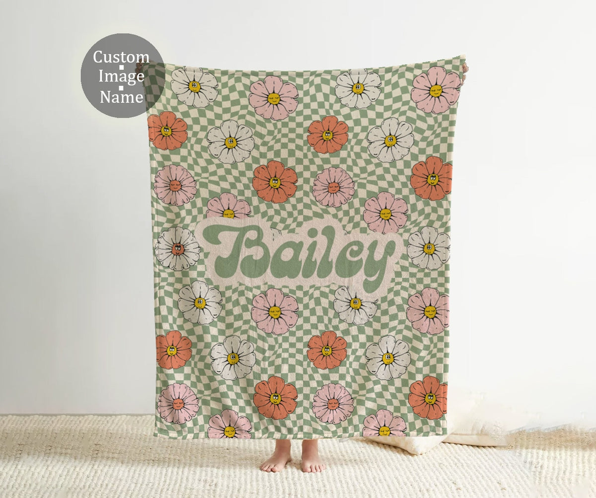 Personalized Checkerboard Flower Blanket: Custom Name Minky or Sherpa