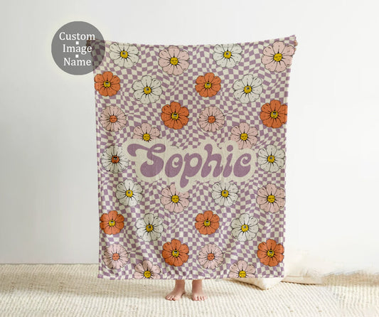 Personalized Checkerboard Flower Blanket: Custom Name Minky or Sherpa