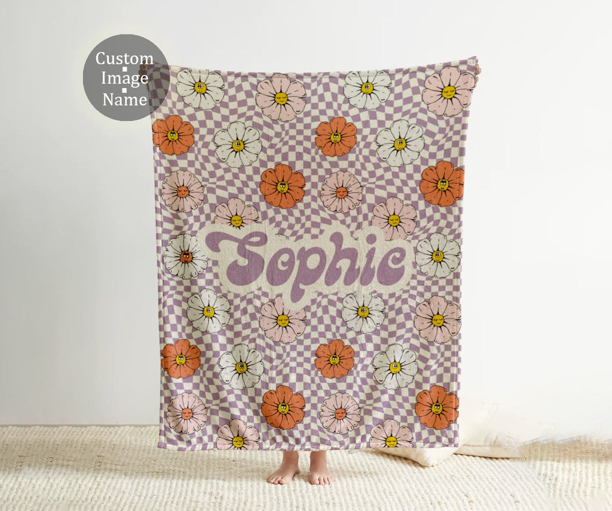 Personalized Floral Checkerboard Blanket: Custom Name Minky or Sherpa