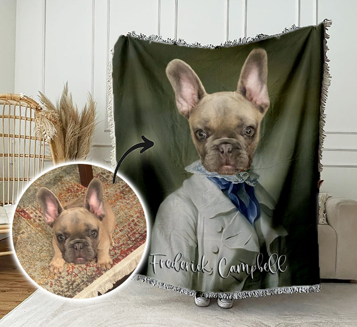Custom Pet Portrait Tapestry Blanket: Regal Royal Pet Art