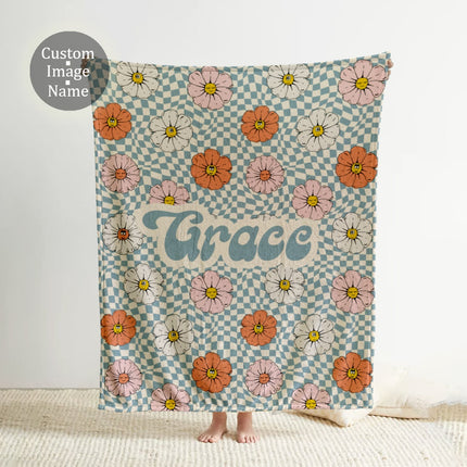 Personalized Floral Checkerboard Blanket: Custom Name Minky or Sherpa