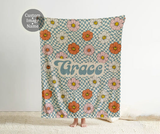 Personalized Floral Checkerboard Blanket: Custom Name Minky or Sherpa