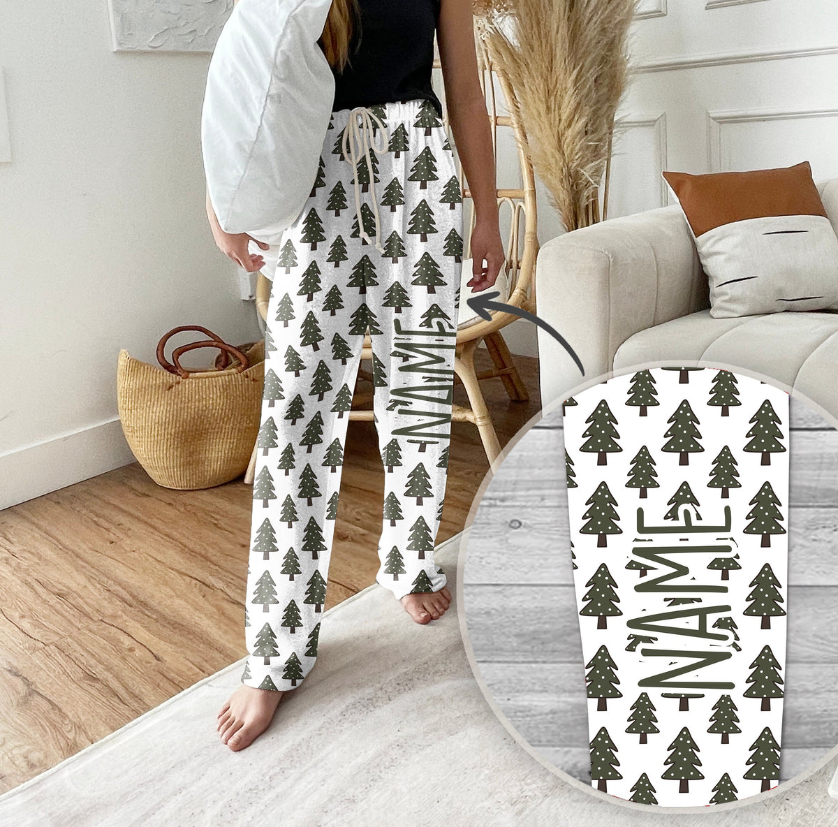 Personalized Christmas Tree Pajama Pants, Custom Holiday Loungewear