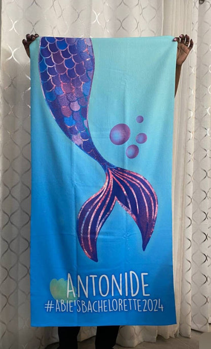 Personalized mermaid beach towel, cute mermaid beach towel, custom marine beach towel, custom beach towel for kids, starfish beach towel