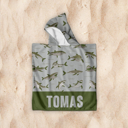 Personalized baby shark Pattern in Retro style Kids Kid’s Hooded Beach Poncho towel with Name, Custom beach towel gift, baby Gift