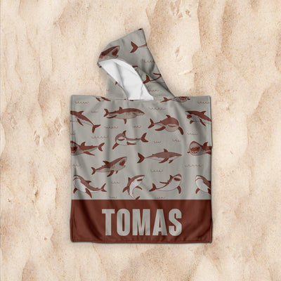 Personalized baby shark Pattern in Retro style Kids Kid’s Hooded Beach Poncho towel with Name, Custom beach towel gift, baby Gift