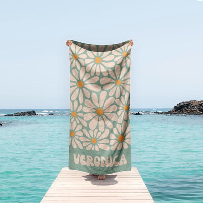 70s Daisy Boho Style Personalized Beach Towel with Name Custom Summer Gift, Birthday and Anniversary Beach Towel for Adults & Kids