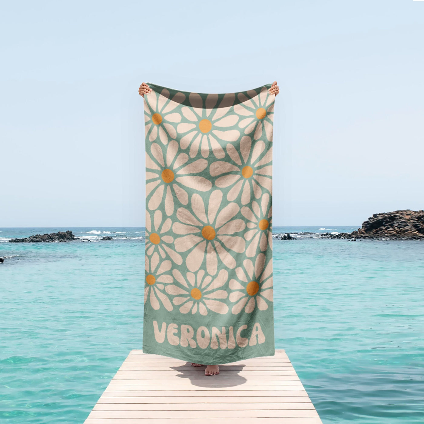 70s Daisy Boho Style Personalized Beach Towel with Name Custom Summer Gift, Birthday and Anniversary Beach Towel for Adults & Kids