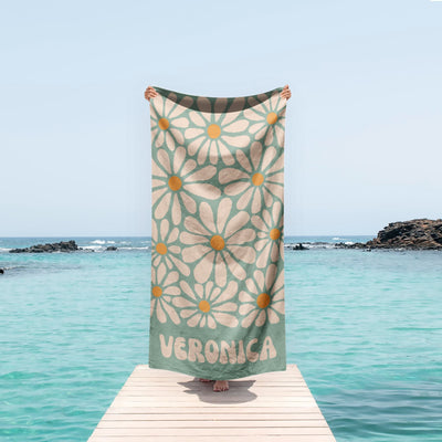 70s Daisy Boho Style Personalized Beach Towel with Name Custom Summer Gift, Birthday and Anniversary Beach Towel for Adults & Kids