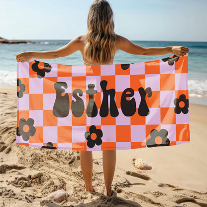 70s RETRO two tone checker Personalized Beach Towel Personalized Name Bath Towel Custom Beach Towel With Name Outside Birthday Vacation Gift