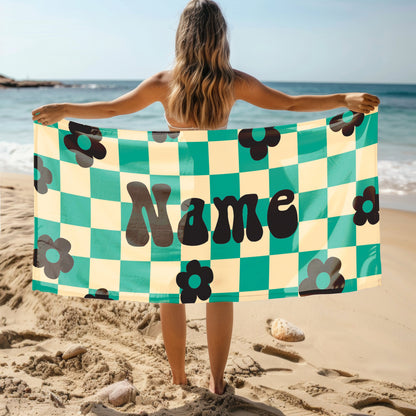 70s RETRO two tone checker Personalized Beach Towel Personalized Name Bath Towel Custom Beach Towel With Name Outside Birthday Vacation Gift