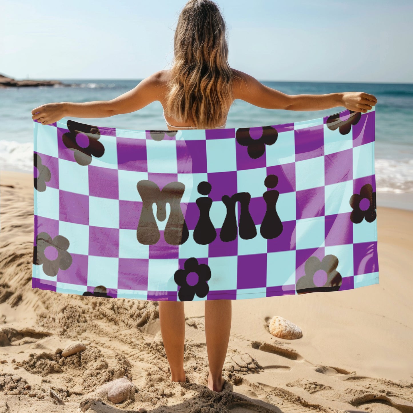 70s RETRO two tone checker Personalized Beach Towel Personalized Name Bath Towel Custom Beach Towel With Name Outside Birthday Vacation Gift