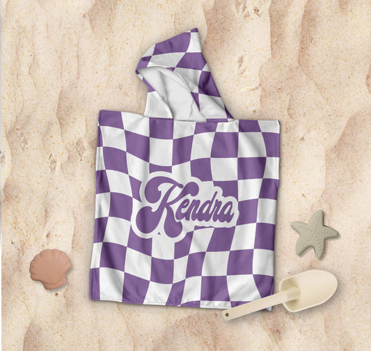 Personalized Kids Hooded Beach Towel: Retro Vans Checkerboard, Custom Name