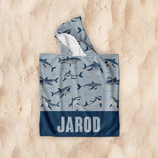 Personalized baby shark Pattern in Retro style Kids Kid’s Hooded Beach Poncho towel with Name, Custom beach towel gift, baby Gift