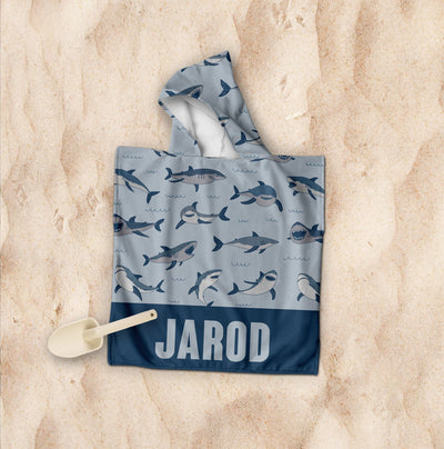 Personalized baby shark Pattern in Retro style Kids Kid’s Hooded Beach Poncho towel with Name, Custom beach towel gift, baby Gift