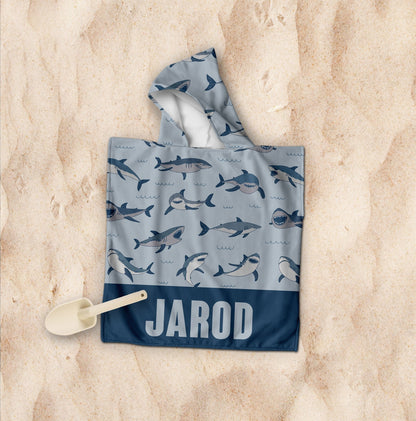 Personalized Baby Shark Pattern in  Kid’s Hooded Beach Poncho towel with Name, Custom beach towel gift, baby Gift