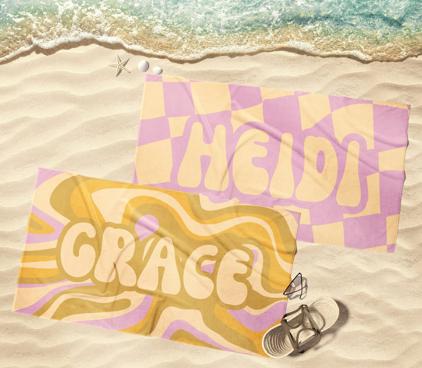 Groovy NEW RETRO Style Personalized Beach Towel Personalized Name Bath Towel Custom Beach Towel With Name Outside Birthday Vacation Gift