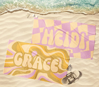 Groovy NEW RETRO Style Personalized Beach Towel Personalized Name Bath Towel Custom Beach Towel With Name Outside Birthday Vacation Gift
