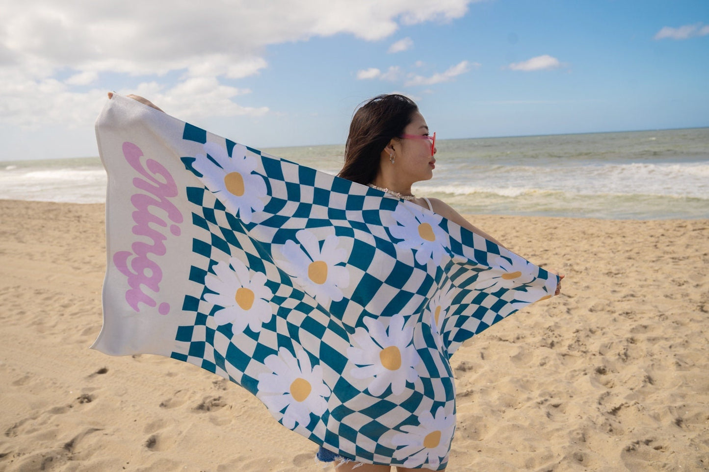 Personalized Beach Towel 70s Retro Two Tone Checker Custom Name Bath Towel Birthday Vacation Gift