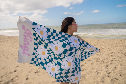 Personalized Beach Towel 70s Retro Two Tone Checker Custom Name Bath Towel Birthday Vacation Gift