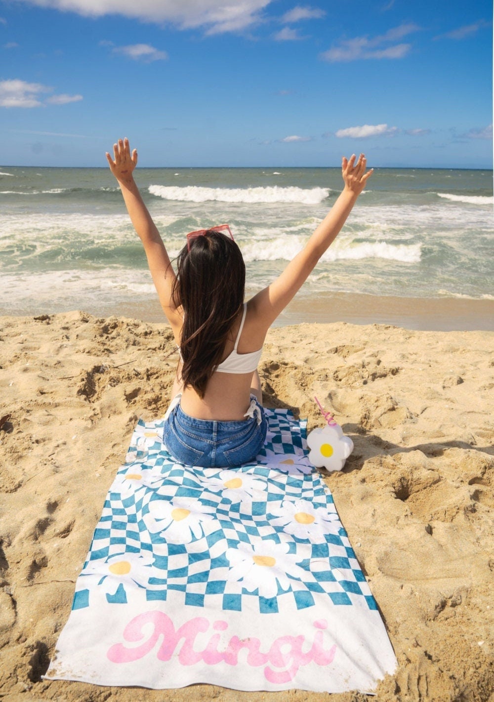 Personalized Beach Towel 70s Retro Two Tone Checker Custom Name Bath Towel Birthday Vacation Gift