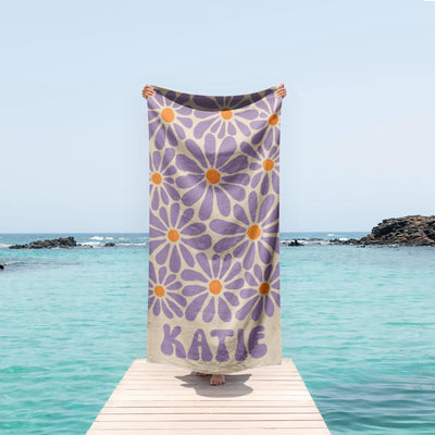 70s Daisy Boho Style Personalized Beach Towel with Name Custom Summer Gift, Birthday and Anniversary Beach Towel for Adults & Kids