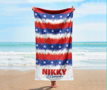 4th of July Personalized Beach Towel Name Bath Towel Custom Pool Towel Beach Towel With Name Outside fourth of July Vacation Gift