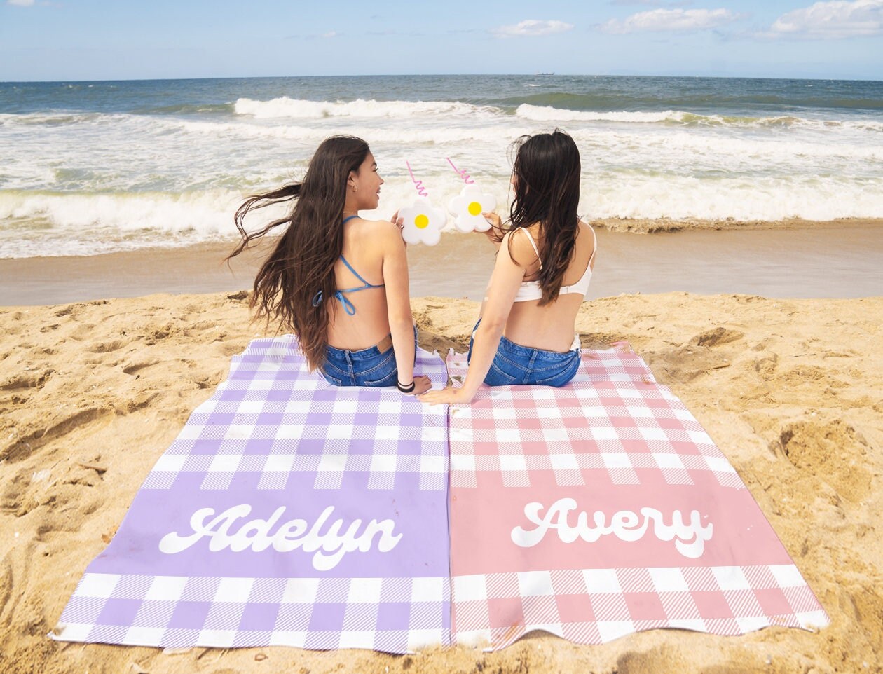 Pastel Checker Easter Personalized Beach Towel Name Bath Towel Custom Pool Towel Beach Towel With Name Outside Birthday Vacation Gift