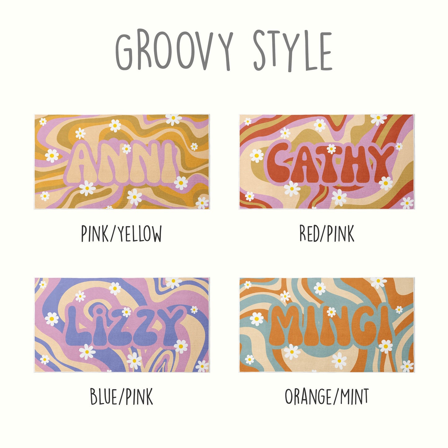 Personalized Beach Towel Retro Style Custom Name Bath Towel Groovy Design Birthday Vacation Gift
