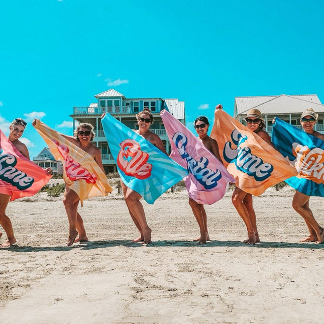 Groovy RETRO Style Personalized Beach Towel Personalized Name Bath Towel Custom Beach Towel With Name Outside bachelorette gifts