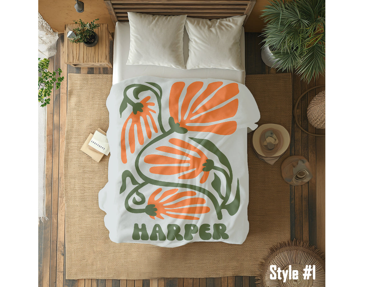 Personalized Retro Flower Blanket: Custom Name Minky or Sherpa Throw