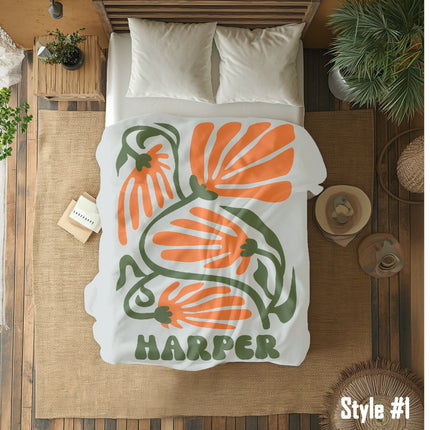 Personalized Retro Flower Blanket: Vintage Rustic Style, Custom Name Gift