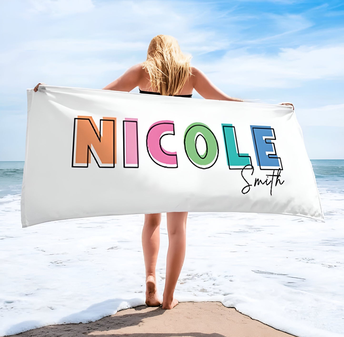 Multi Color Font Design Beach Towel Personalized Name Bath Towel Custom Pool Towel Beach Towel With Name Outside Birthday Vacation Gift