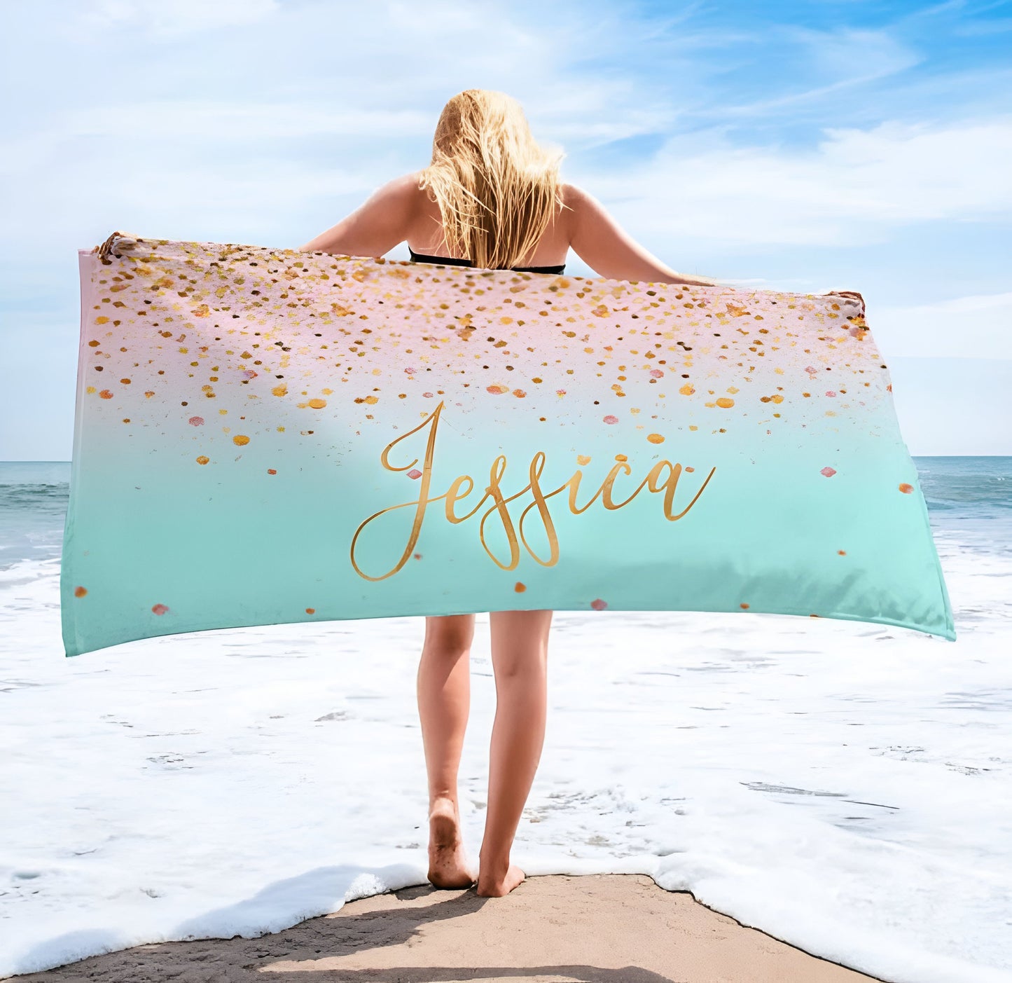 Sparkling Gold Name Personalized Beach Towel Personalized Name Bath Towel Custom Pool Towel Beach Towel With Name Birthday Vacation Gift