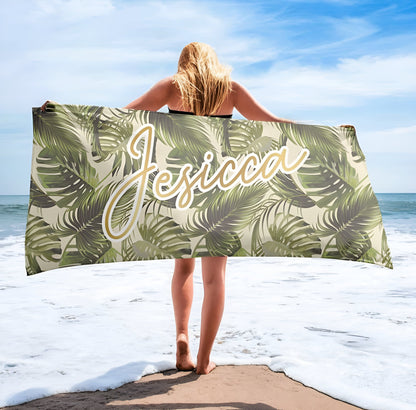 Personalized Tropical Hawaiian Style with Gold Glitter Name Beach Towel, Custom Pool Towel Beach Towel Outside Birthday Vacation Gift