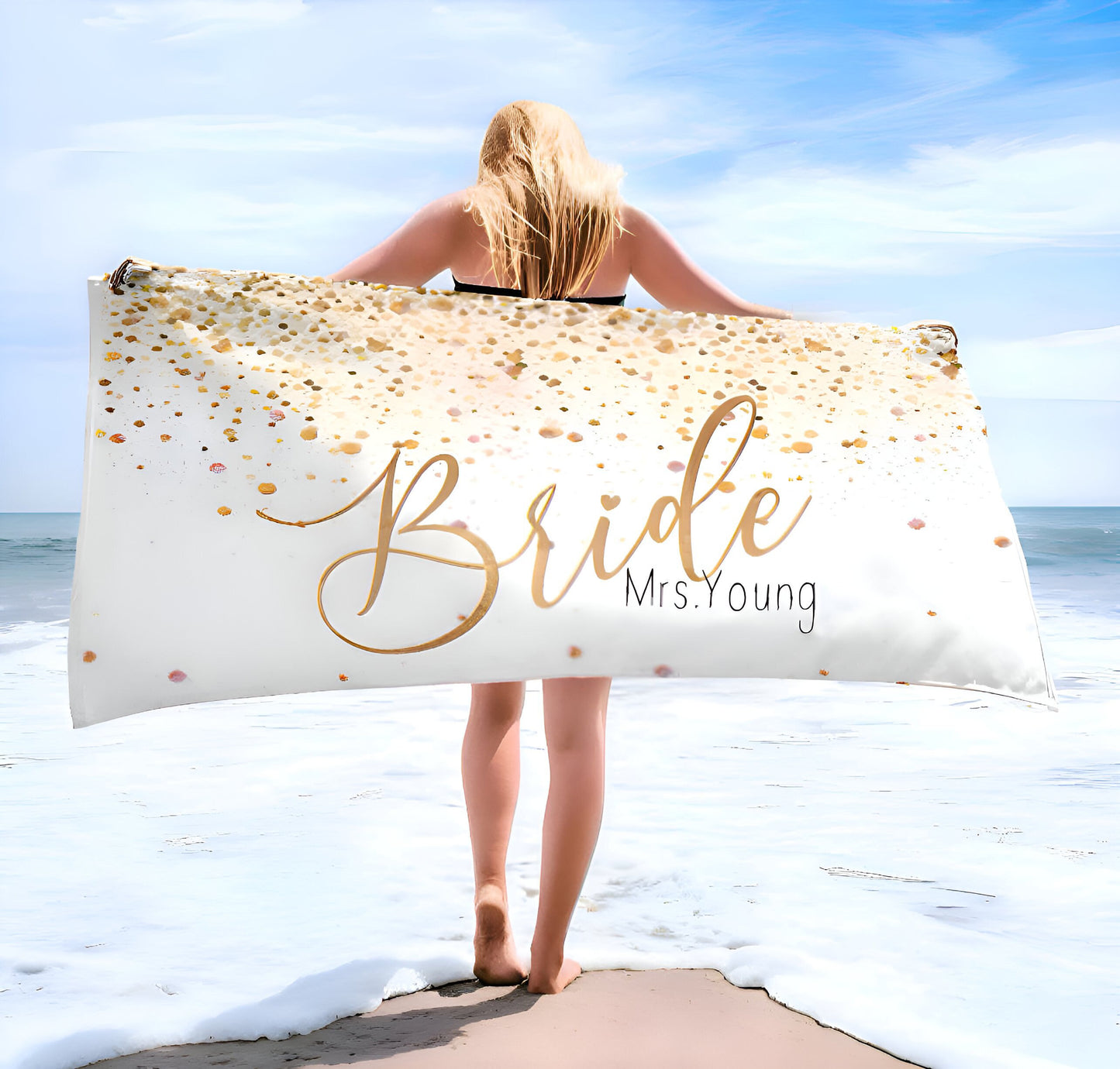 NEW Style -Gold Bride, Mr or Mrs Beach Personalized Beach Towels, Honeymoon Gift, His and Hers Newlywed Gift, Personalized Wedding Gift