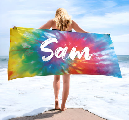 Multi-Color Tie Dye Style Personalized Beach Towel Personalized Name Bath Towel Custom Pool Towel Beach Towel With Name Outside Birthday