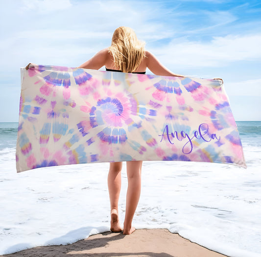 Multi-Color Tie Dye Style Personalize Beach Towel - Personalized Name Bath Towel Custom Pool Towel Beach Towel Name Outside Birthday Gift