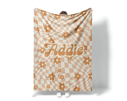 Personalized DAISY CHECKER Pattern in vintage rustic style blanket with Name, Custom blanket gift, Birthday Anniversary Gift